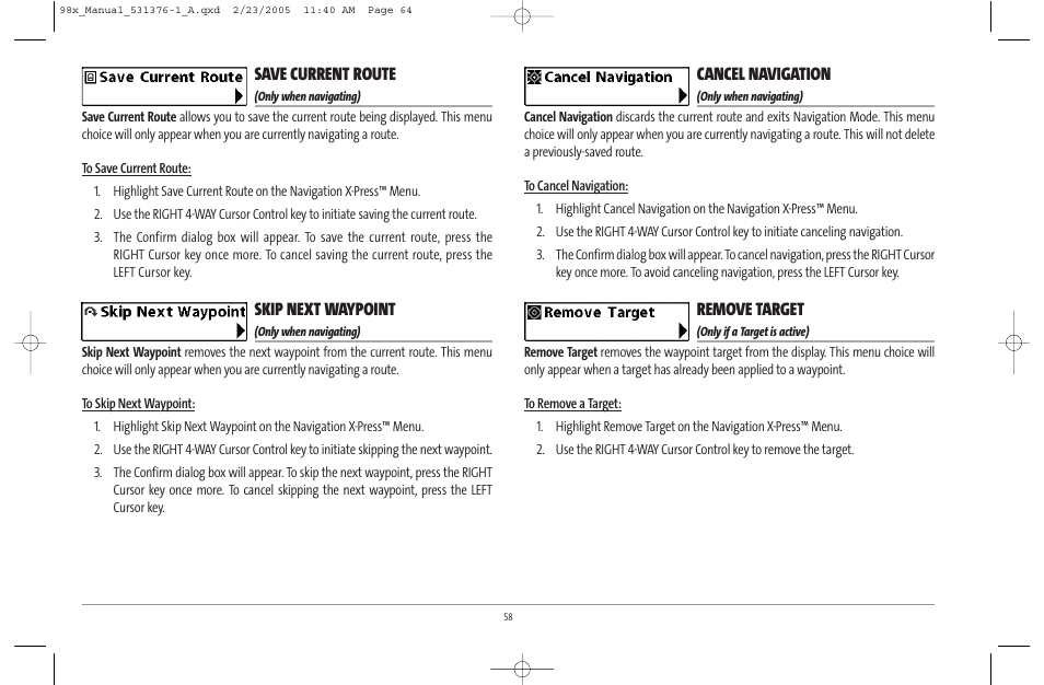 Save current route, Skip next waypoint, Cancel navigation | Remove target | Humminbird ] 981 User Manual | Page 64 / 95