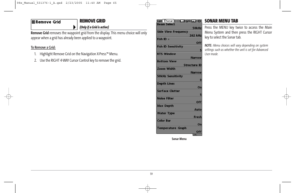 Remove grid, Sonar menu tab | Humminbird ] 981 User Manual | Page 65 / 95