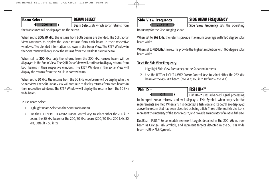 Beam select, Side view frequency, Fish id | Humminbird ] 981 User Manual | Page 66 / 95