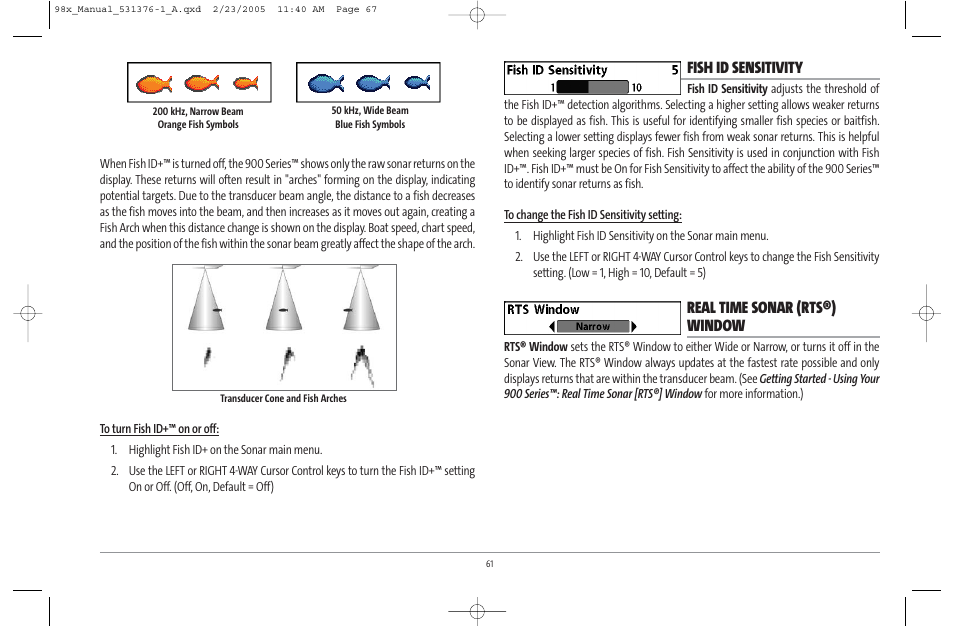 Fish id sensitivity, Real time sonar (rts®) window | Humminbird ] 981 User Manual | Page 67 / 95