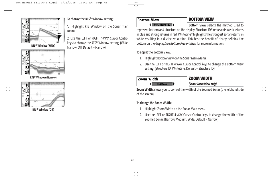 Bottom view, Zoom width | Humminbird ] 981 User Manual | Page 68 / 95