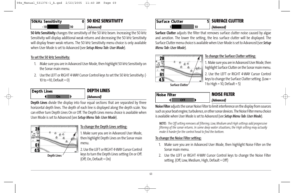 50 khz sensitivity, Depth lines, Surface clutter | Noise filter | Humminbird ] 981 User Manual | Page 69 / 95