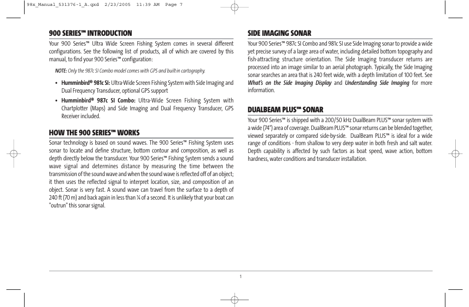 900 series™ introduction, How the 900 series™ works, Side imaging sonar | Dualbeam plus™ sonar | Humminbird ] 981 User Manual | Page 7 / 95