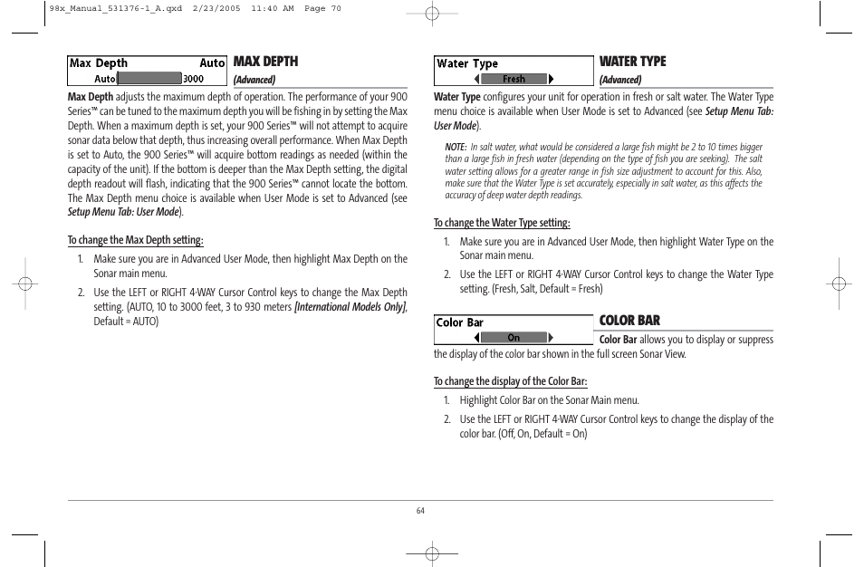 Max depth, Water type, Color bar | Humminbird ] 981 User Manual | Page 70 / 95