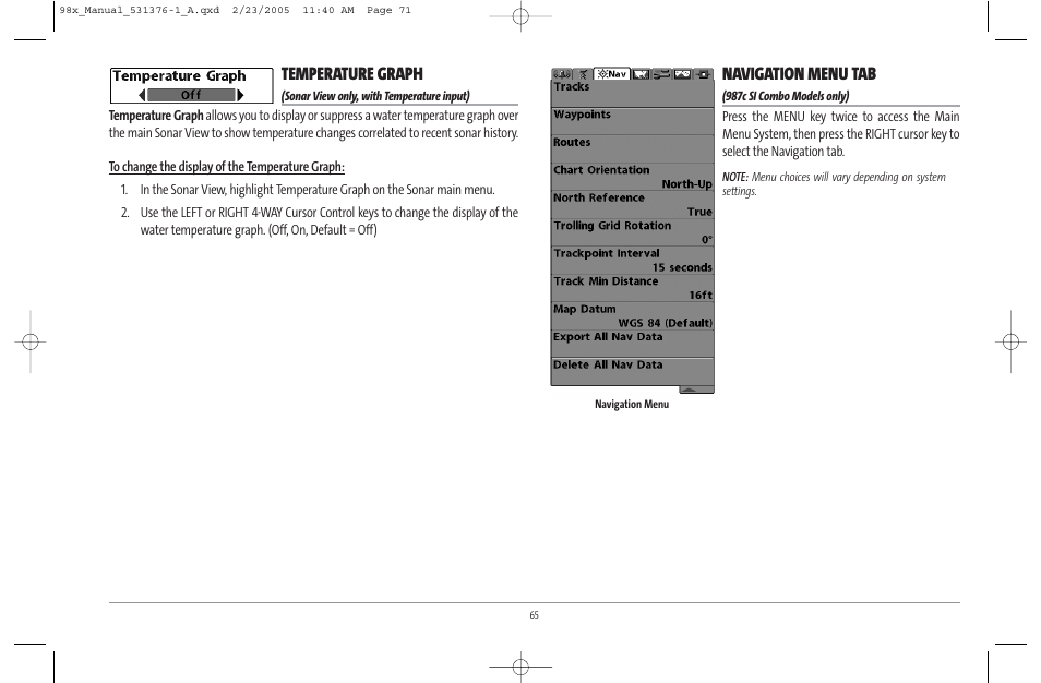 Temperature graph, Navigation menu tab | Humminbird ] 981 User Manual | Page 71 / 95