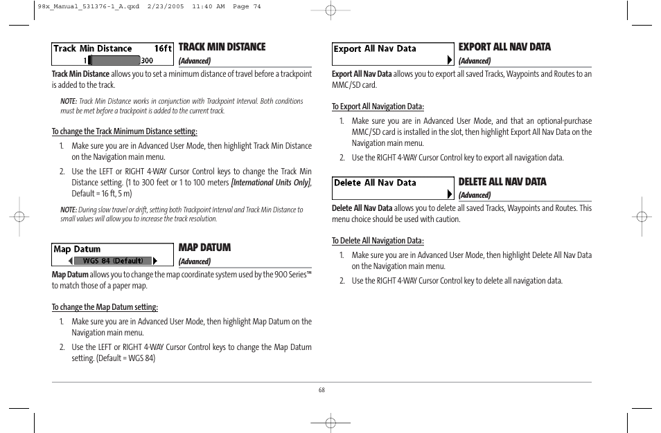 Track min distance, Map datum, Export all nav data | Delete all nav data | Humminbird ] 981 User Manual | Page 74 / 95