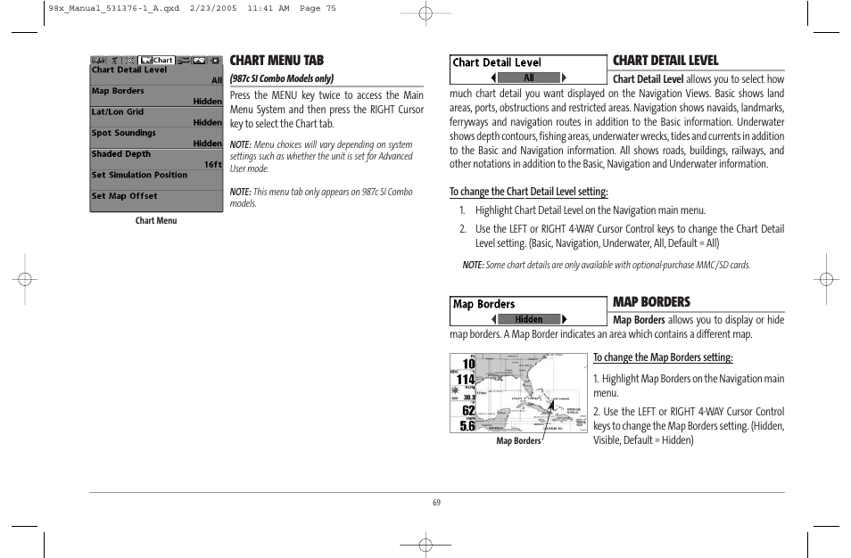Chart menu tab, Chart detail level, Map borders | Humminbird ] 981 User Manual | Page 75 / 95