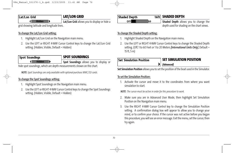 Lat/lon grid, Spot soundings, Shaded depth | Set simulation position | Humminbird ] 981 User Manual | Page 76 / 95