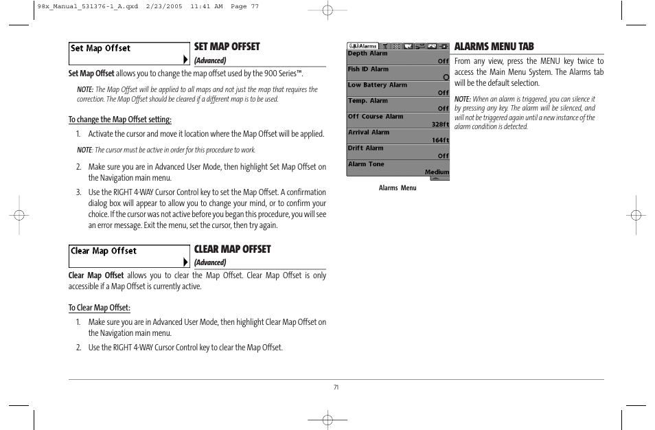 Set map offset, Clear map offset, Alarms menu tab | Humminbird ] 981 User Manual | Page 77 / 95