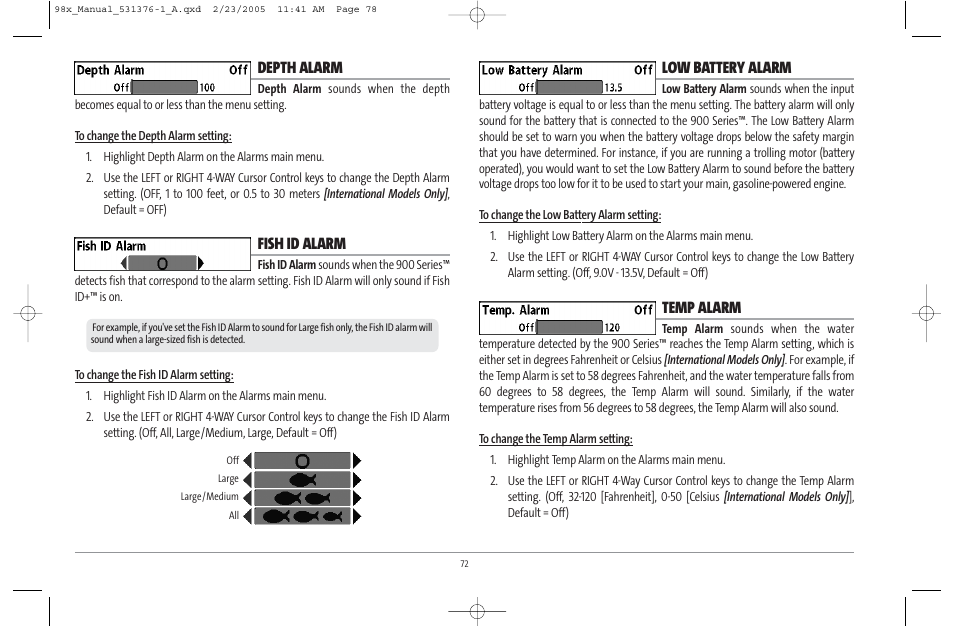 Depth alarm, Fish id alarm, Low battery alarm | Temp alarm | Humminbird ] 981 User Manual | Page 78 / 95