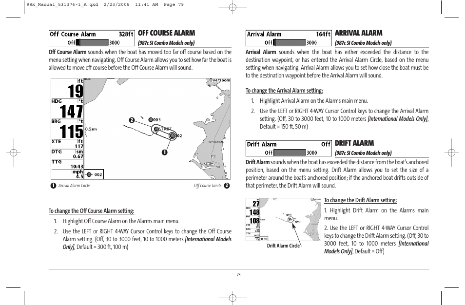 Off course alarm, Arrival alarm, Drift alarm | Humminbird ] 981 User Manual | Page 79 / 95