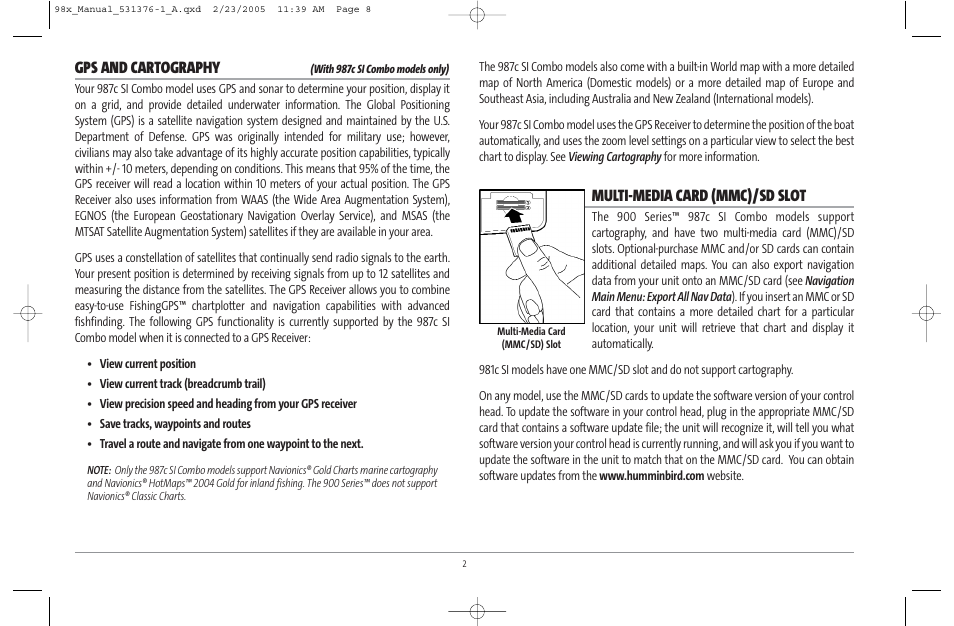 Gps and cartography, Multi-media card (mmc)/sd slot | Humminbird ] 981 User Manual | Page 8 / 95