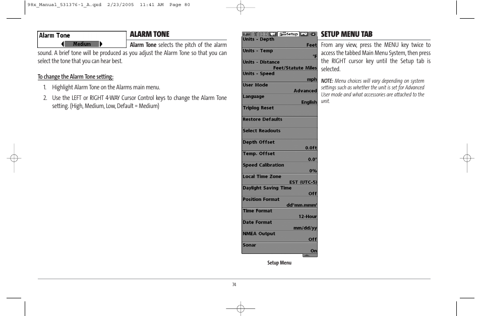 Alarm tone, Setup menu tab | Humminbird ] 981 User Manual | Page 80 / 95