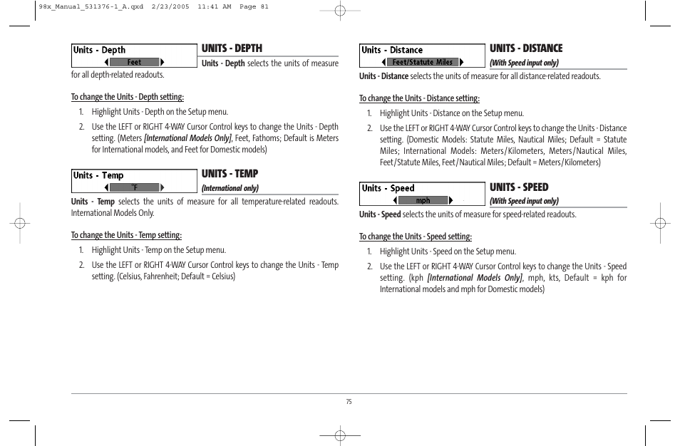 Units - depth, Units - temp, Units - distance | Units - speed | Humminbird ] 981 User Manual | Page 81 / 95