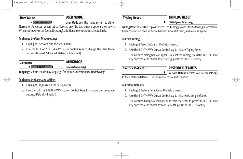 User mode, Language, Triplog reset | Restore defaults | Humminbird ] 981 User Manual | Page 82 / 95