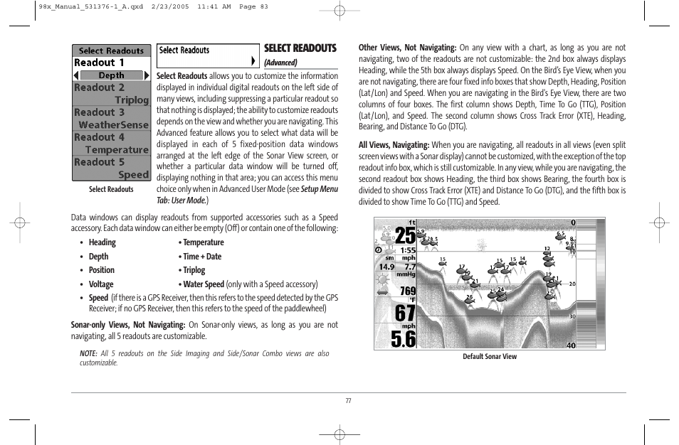 Select readouts | Humminbird ] 981 User Manual | Page 83 / 95