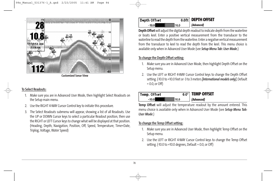 Depth offset, Temp offset | Humminbird ] 981 User Manual | Page 84 / 95