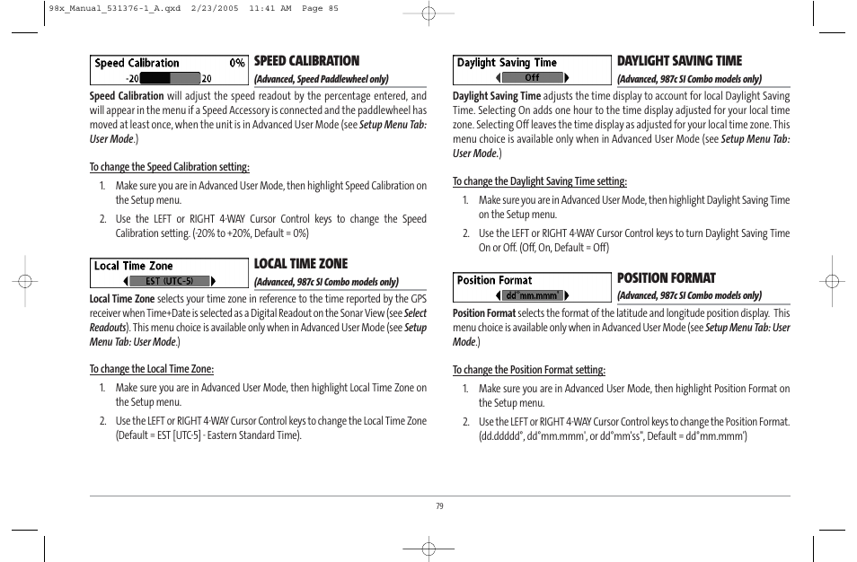 Speed calibration, Local time zone, Daylight saving time | Position format | Humminbird ] 981 User Manual | Page 85 / 95