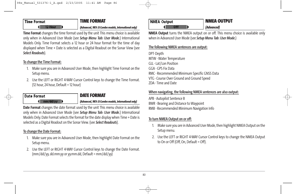 Time format, Date format, Nmea output | Humminbird ] 981 User Manual | Page 86 / 95