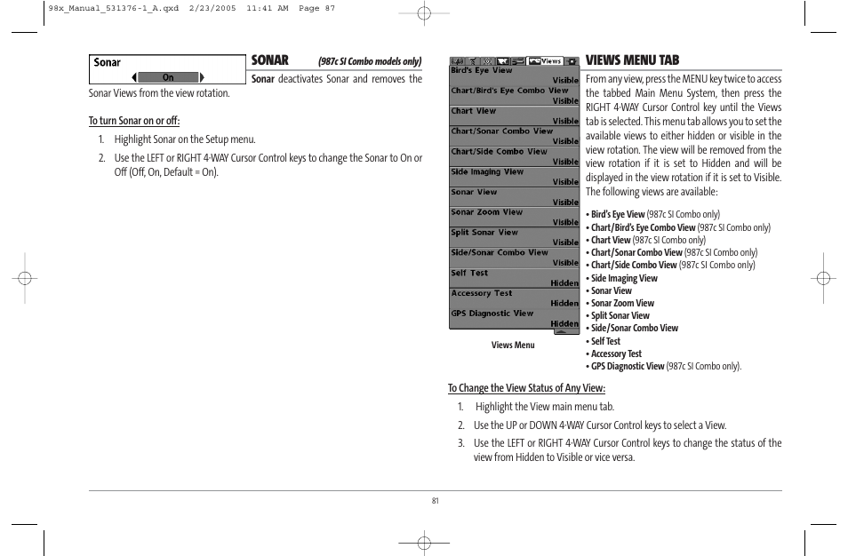 Sonar, Views menu tab | Humminbird ] 981 User Manual | Page 87 / 95