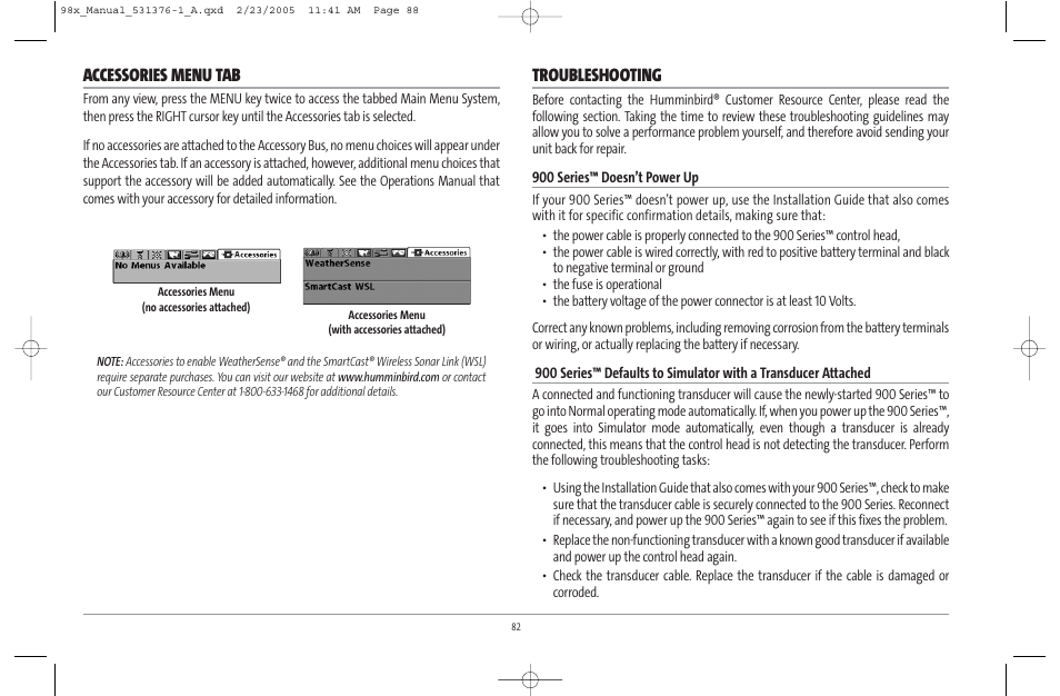 Accessories menu tab, Troubleshooting | Humminbird ] 981 User Manual | Page 88 / 95