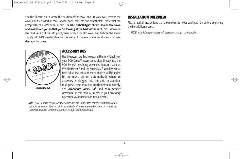 Accessory bus, Installation overview | Humminbird ] 981 User Manual | Page 9 / 95