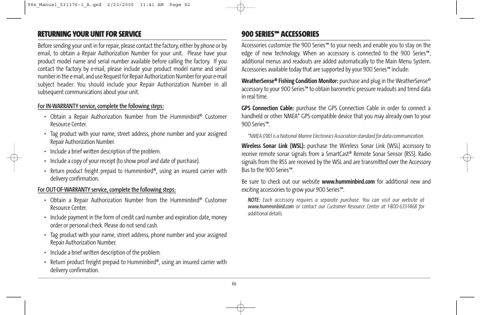 Returning your unit for service, 900 series™ accessories | Humminbird ] 981 User Manual | Page 92 / 95