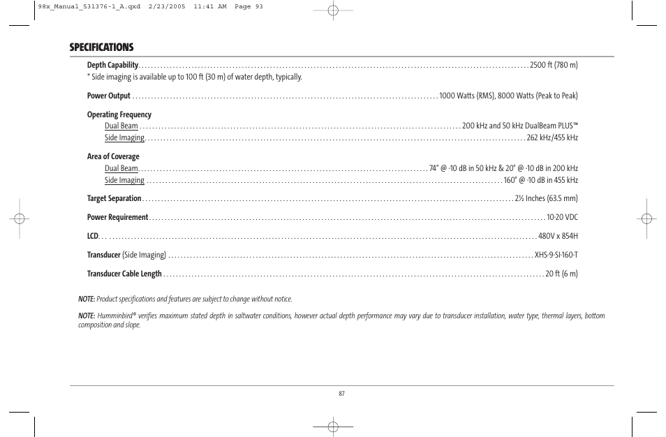 Specifications | Humminbird ] 981 User Manual | Page 93 / 95