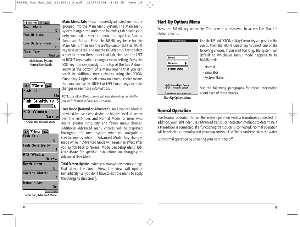 Start-up options menu, Normal operation | Humminbird 585C User Manual | Page 10 / 25