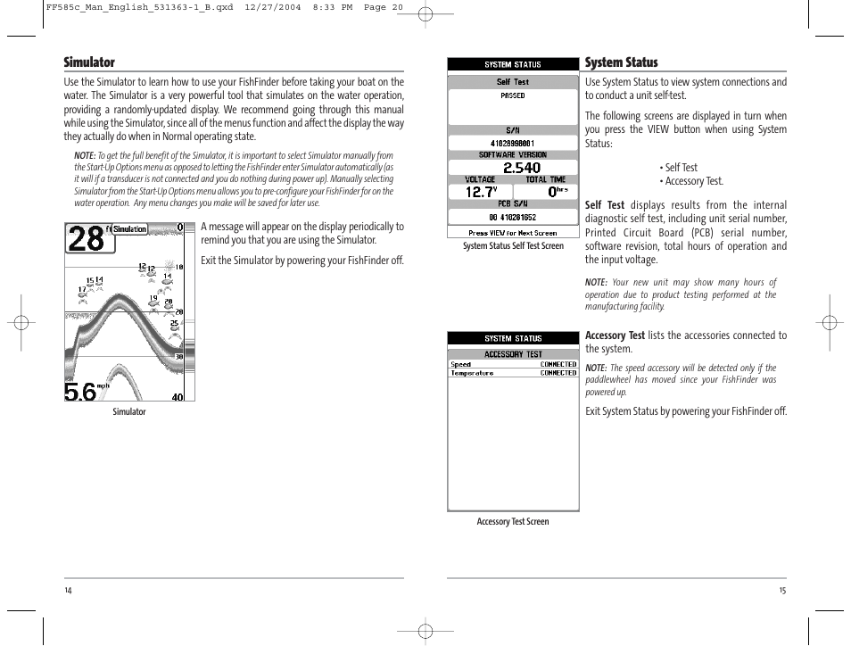 System status, Simulator | Humminbird 585C User Manual | Page 11 / 25