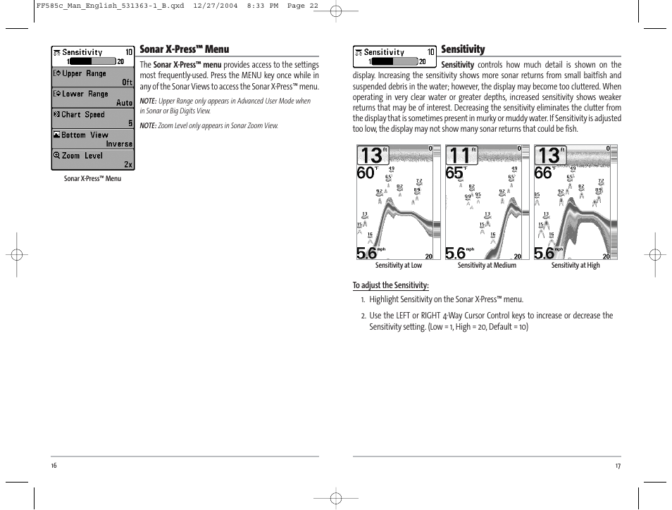 Sonar x-press™ menu, Sensitivity | Humminbird 585C User Manual | Page 12 / 25