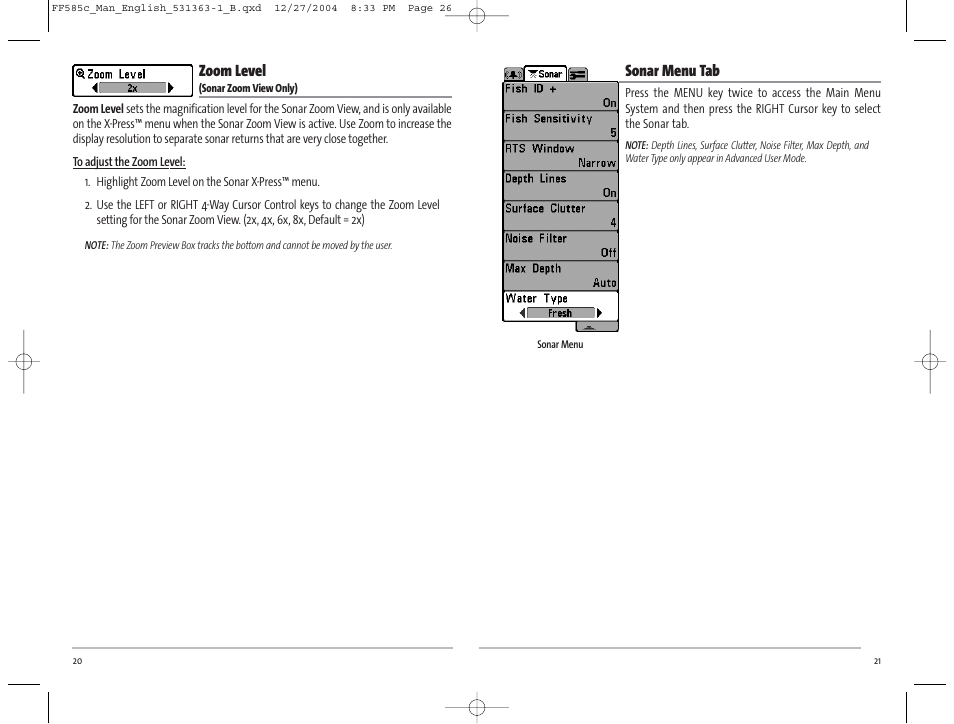 Sonar menu tab, Zoom level | Humminbird 585C User Manual | Page 14 / 25