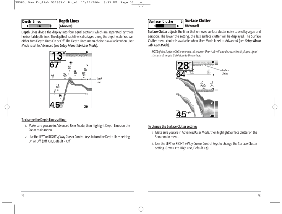 Surface clutter, Depth lines | Humminbird 585C User Manual | Page 16 / 25