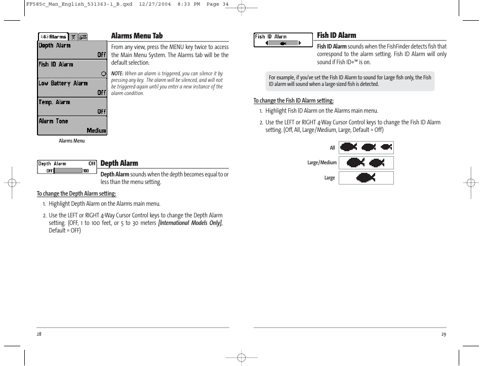 Fish id alarm, Alarms menu tab, Depth alarm | Humminbird 585C User Manual | Page 18 / 25