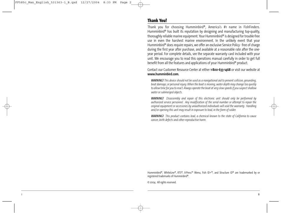 Humminbird 585C User Manual | Page 2 / 25