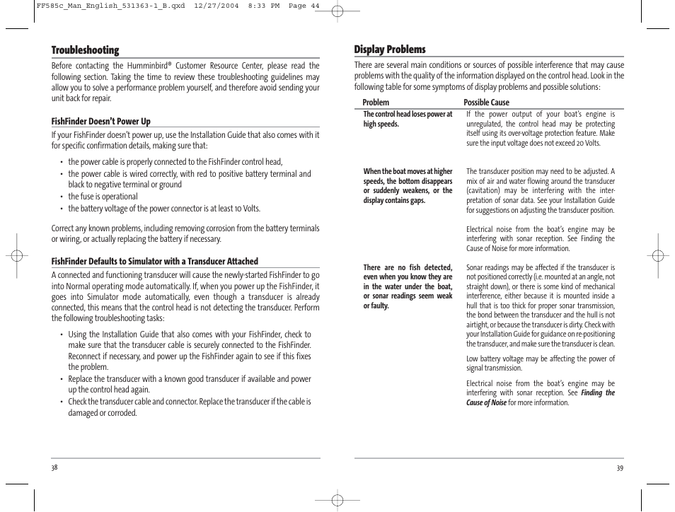 Display problems, Troubleshooting | Humminbird 585C User Manual | Page 23 / 25