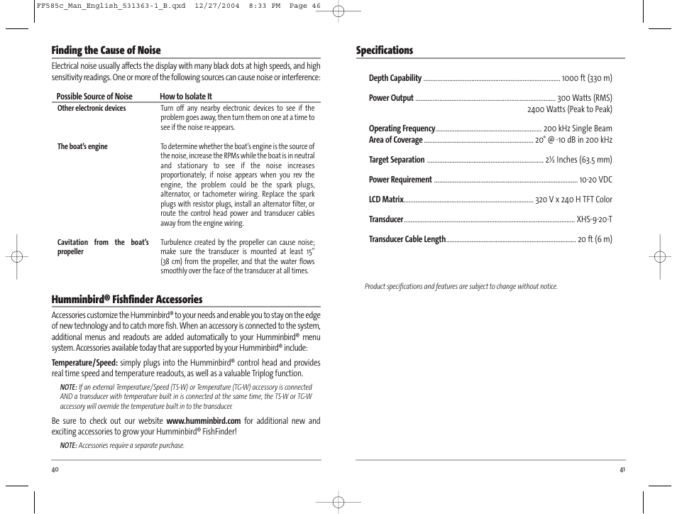 Finding the cause of noise, Humminbird® fishfinder accessories, Specifications | Humminbird 585C User Manual | Page 24 / 25