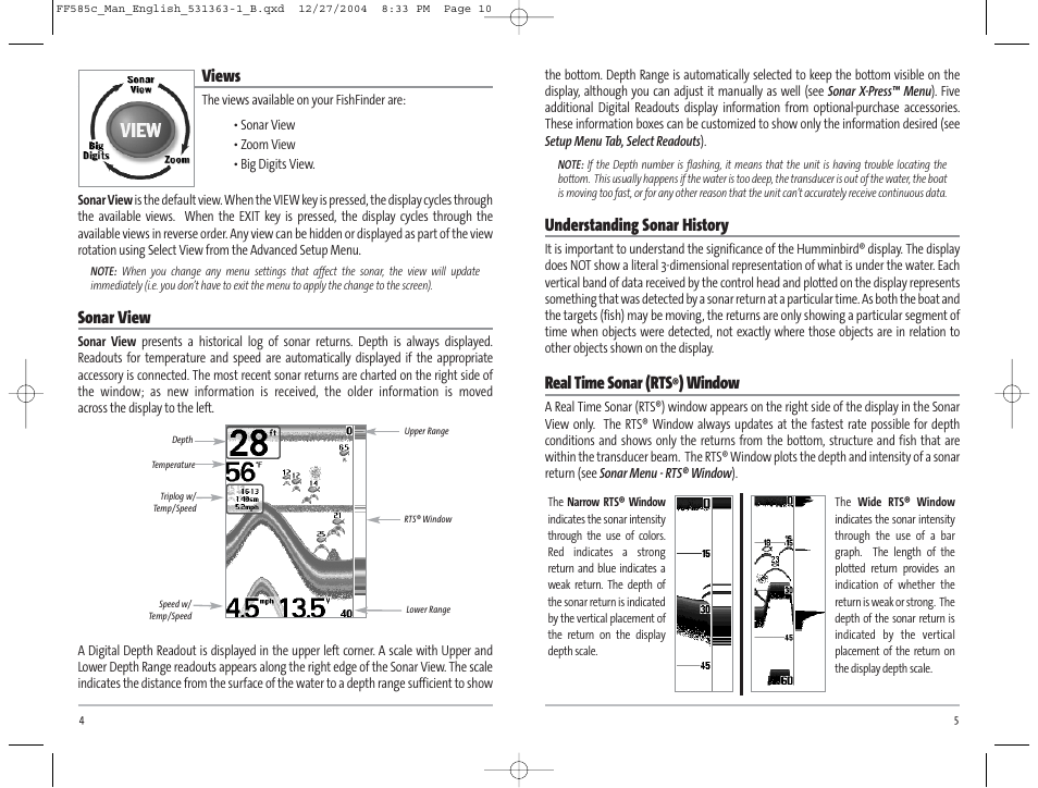 Understanding sonar history, Real time sonar (rts, Window | Views, Sonar view | Humminbird 585C User Manual | Page 6 / 25