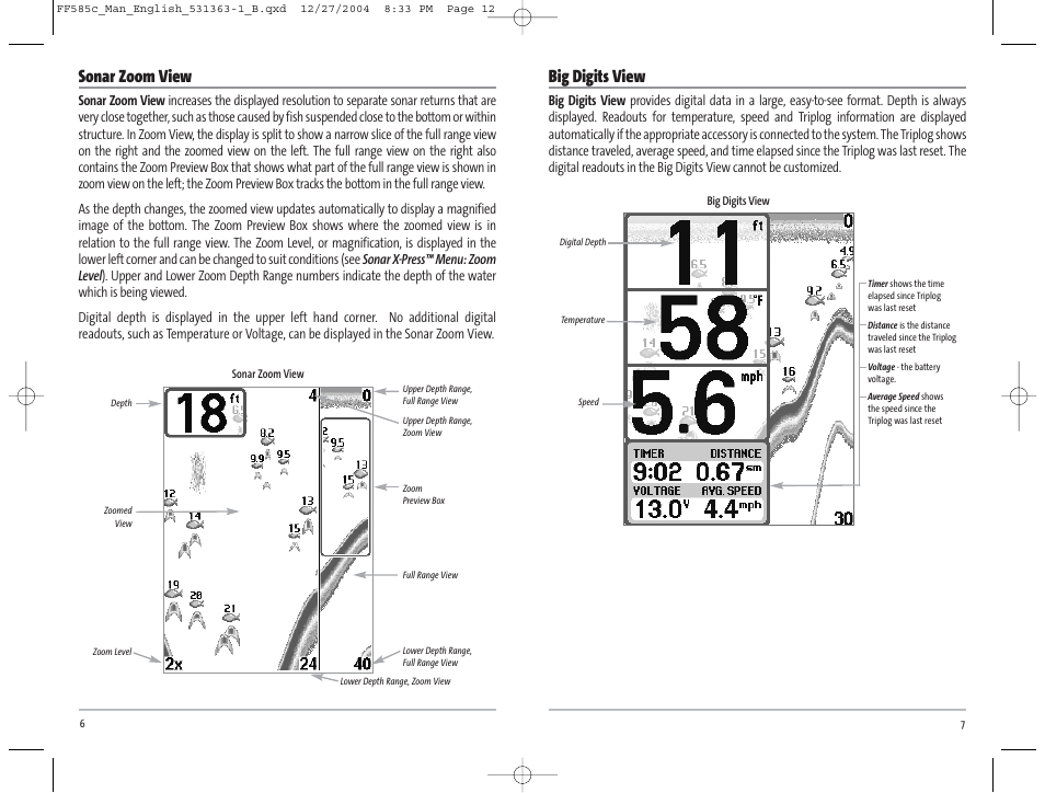 Big digits view, Sonar zoom view | Humminbird 585C User Manual | Page 7 / 25