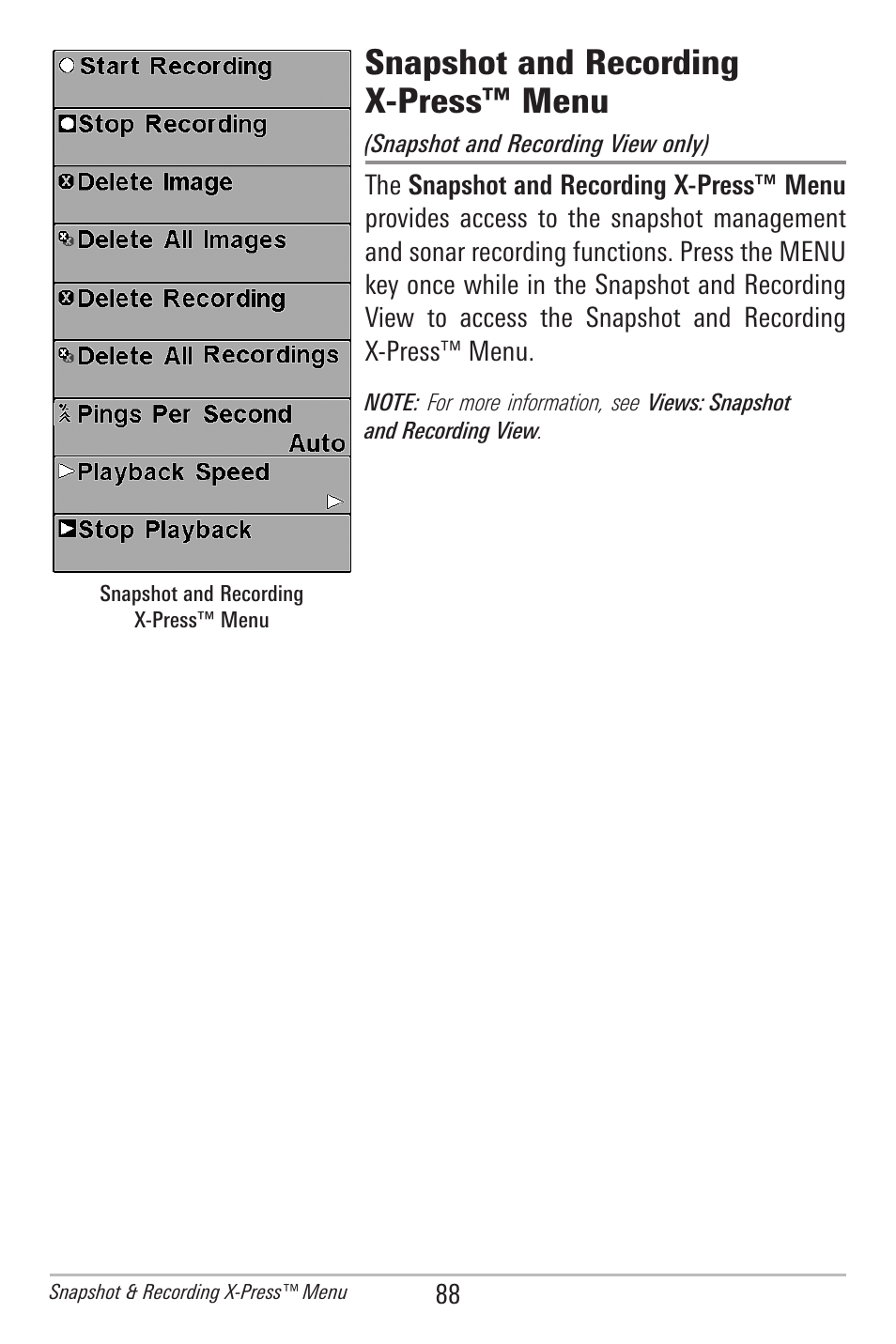 Snapshot and recording x-press™ menu | Humminbird 385ci User Manual | Page 100 / 158