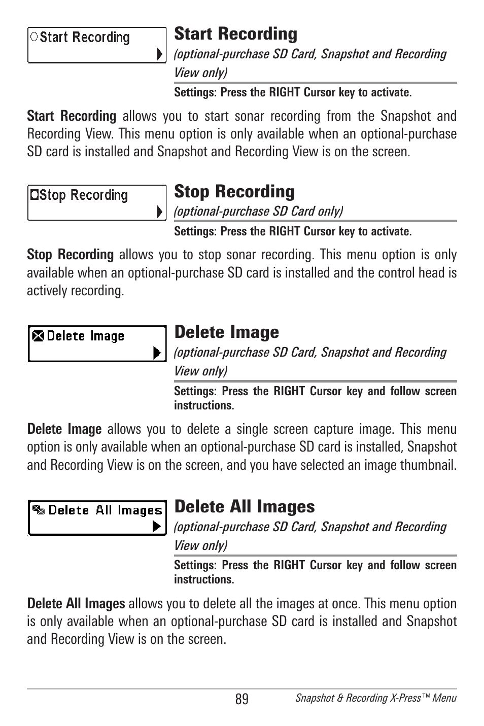 Start recording, Stop recording, Delete image | Delete all images | Humminbird 385ci User Manual | Page 101 / 158