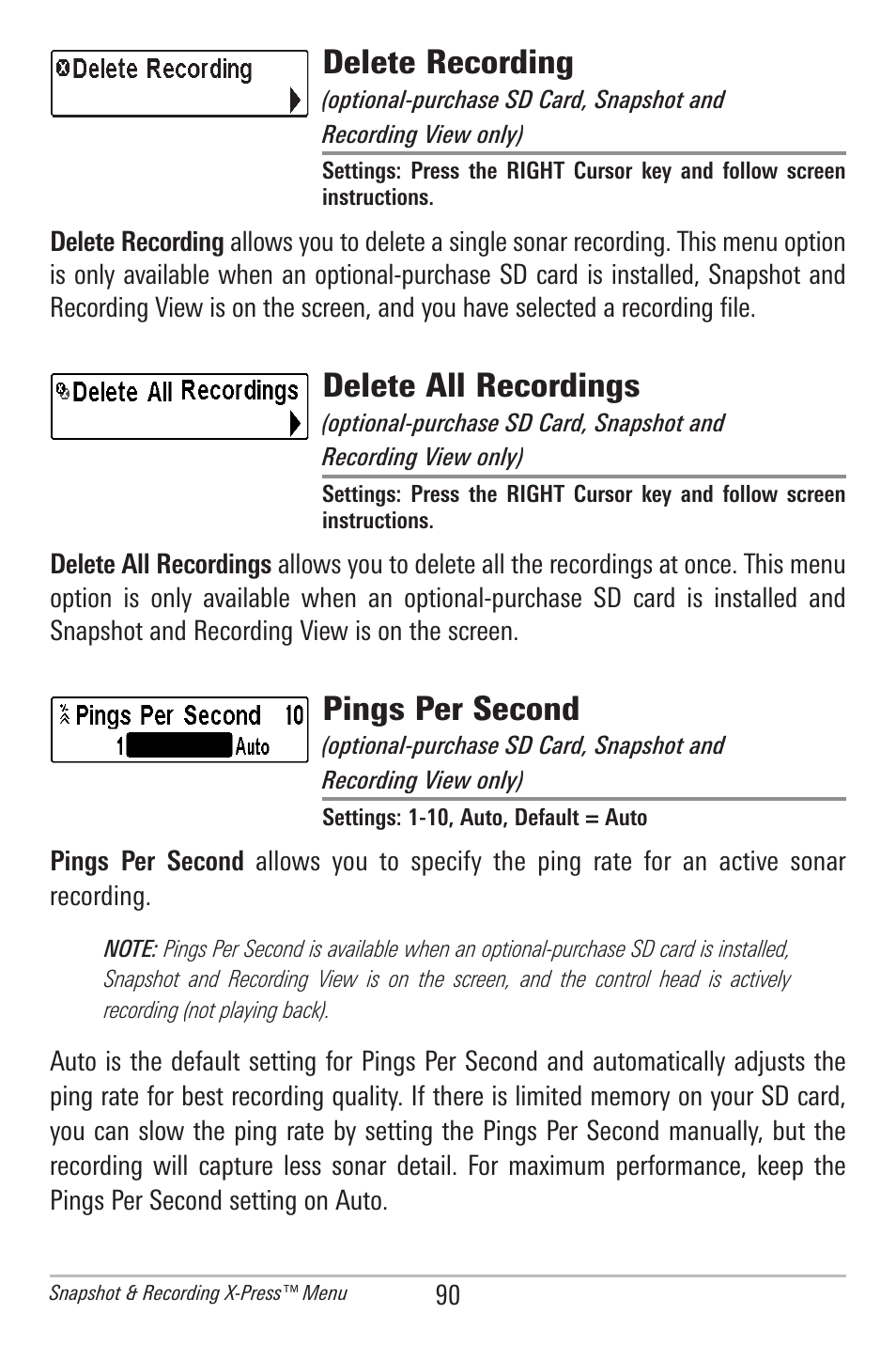 Delete recording, Delete all recordings, Pings per second | Humminbird 385ci User Manual | Page 102 / 158