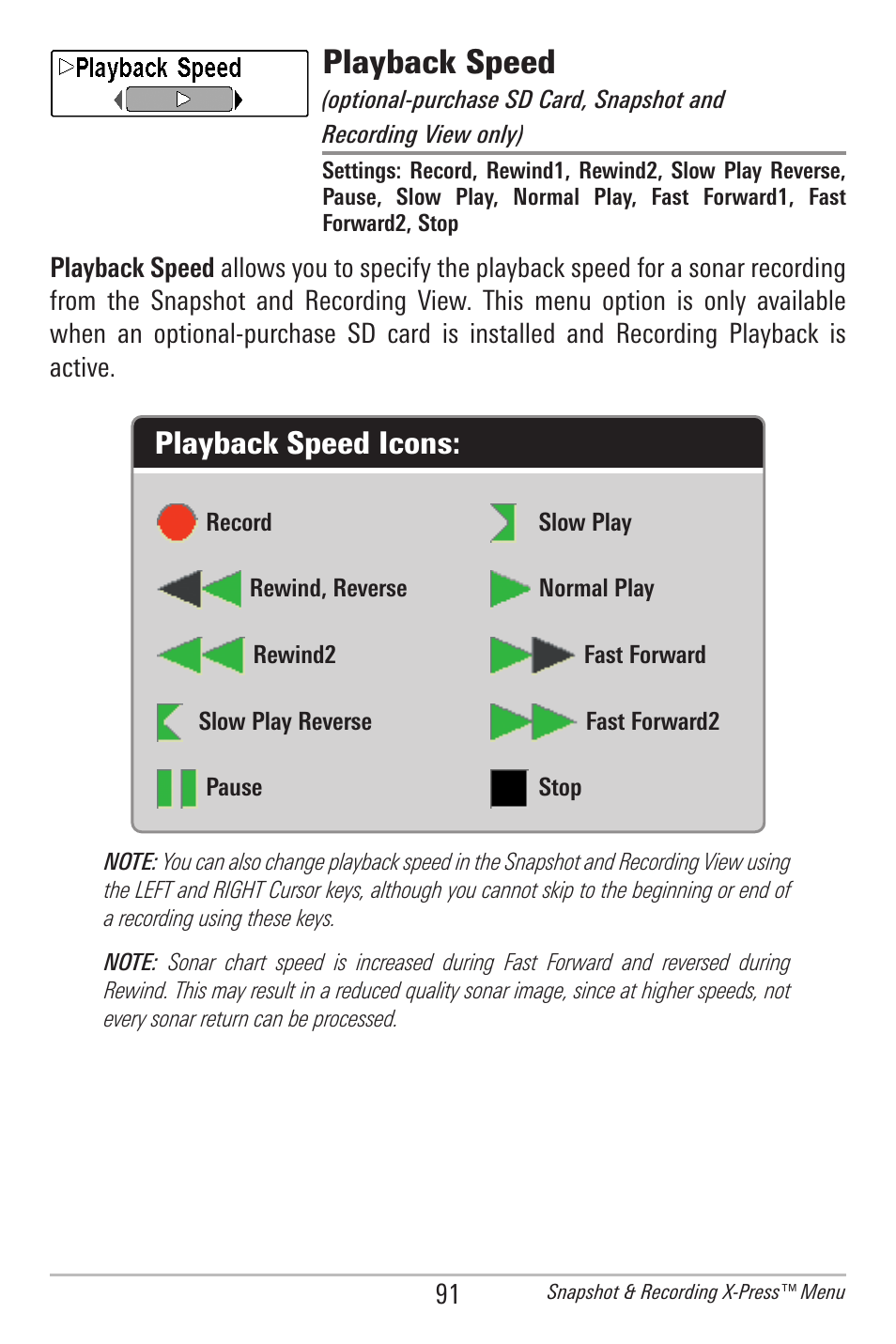 Playback speed, Playback speed icons | Humminbird 385ci User Manual | Page 103 / 158