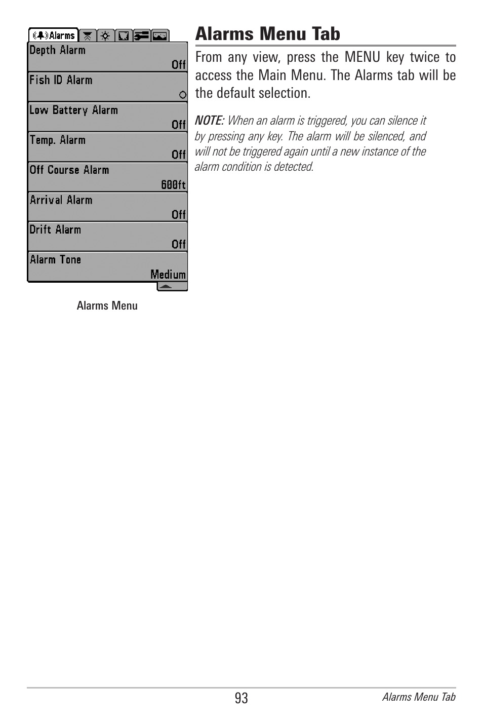 Alarms menu tab | Humminbird 385ci User Manual | Page 105 / 158