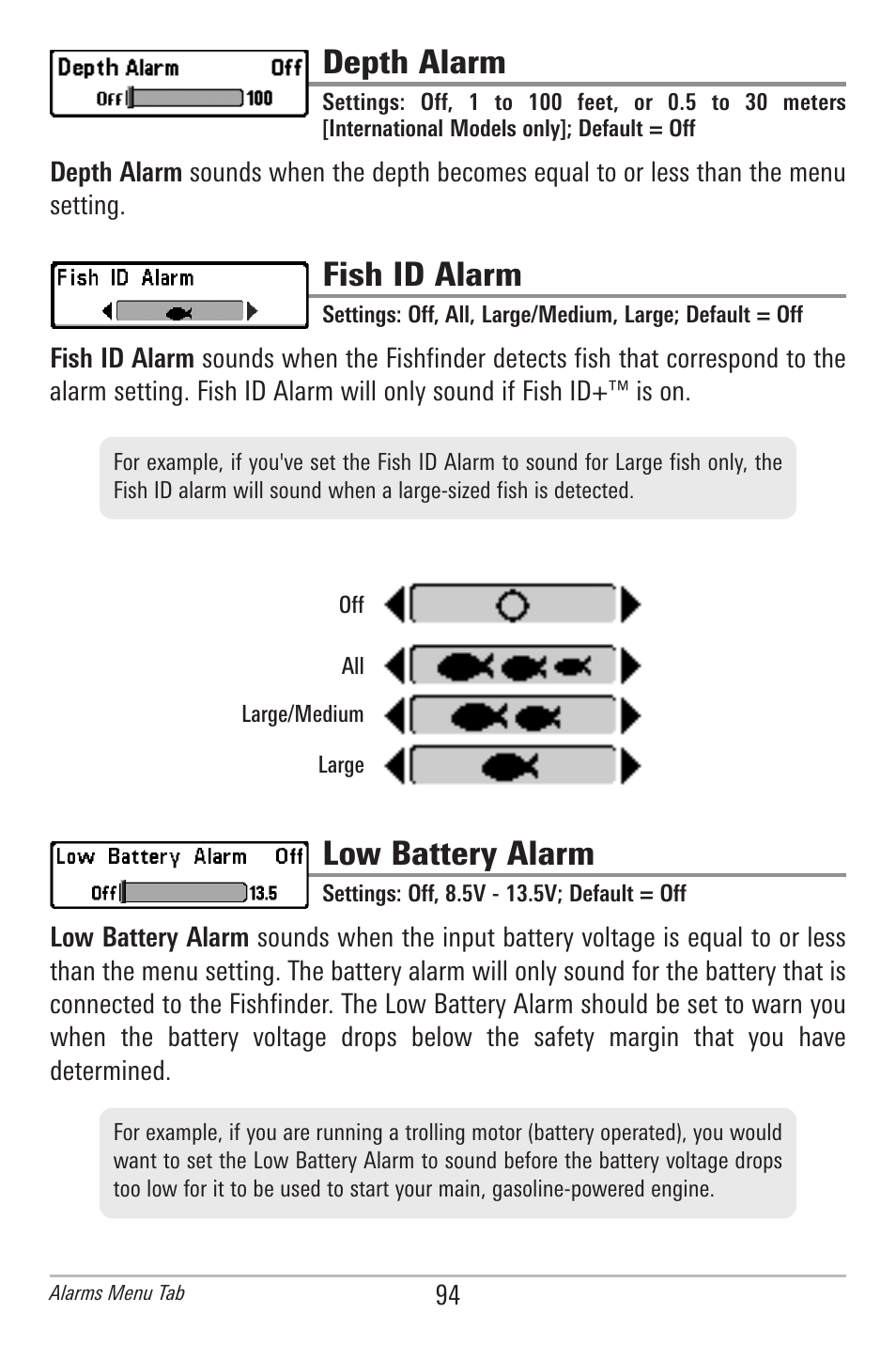 Depth alarm, Fish id alarm, Low battery alarm | Humminbird 385ci User Manual | Page 106 / 158