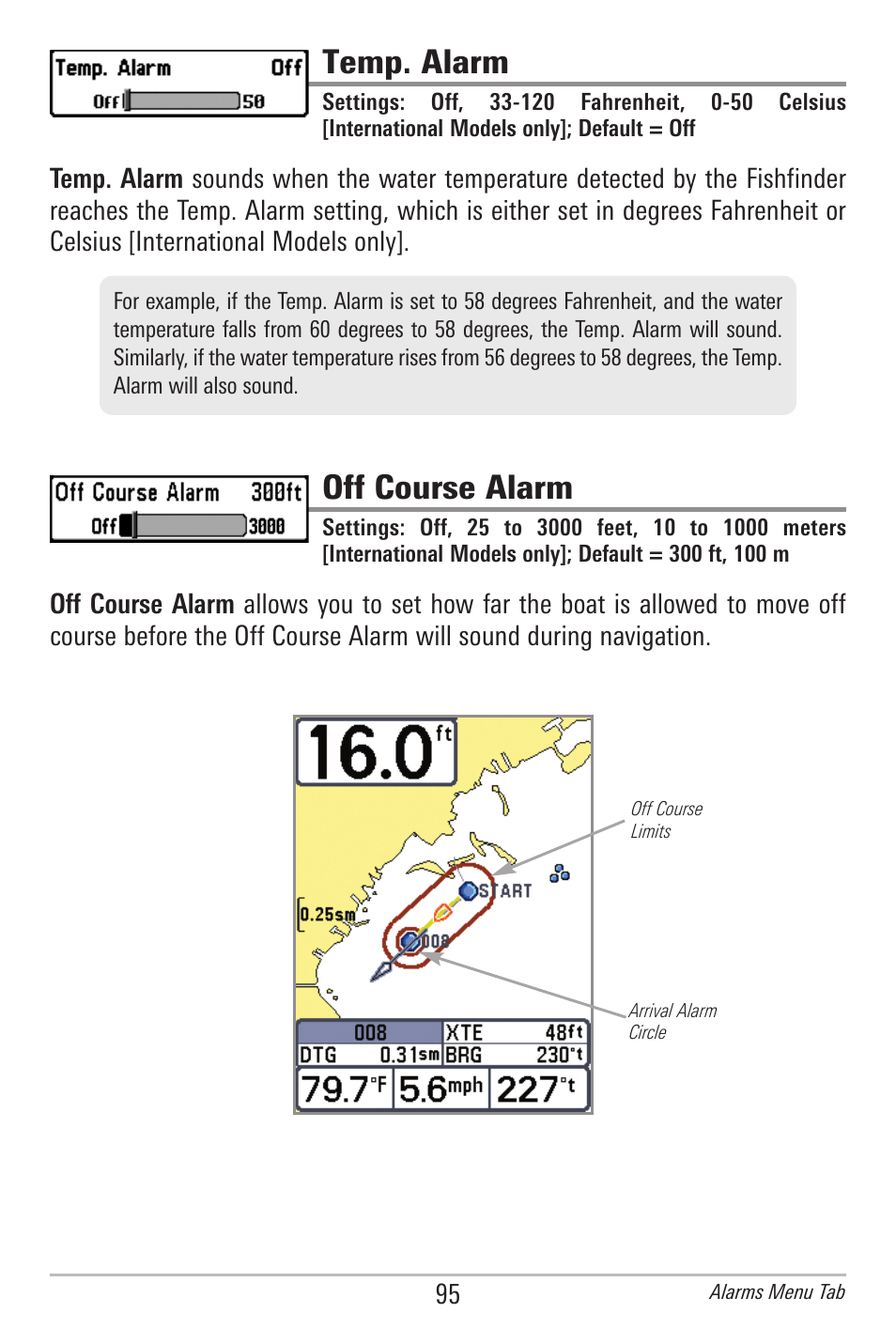 Temp. alarm, Off course alarm | Humminbird 385ci User Manual | Page 107 / 158