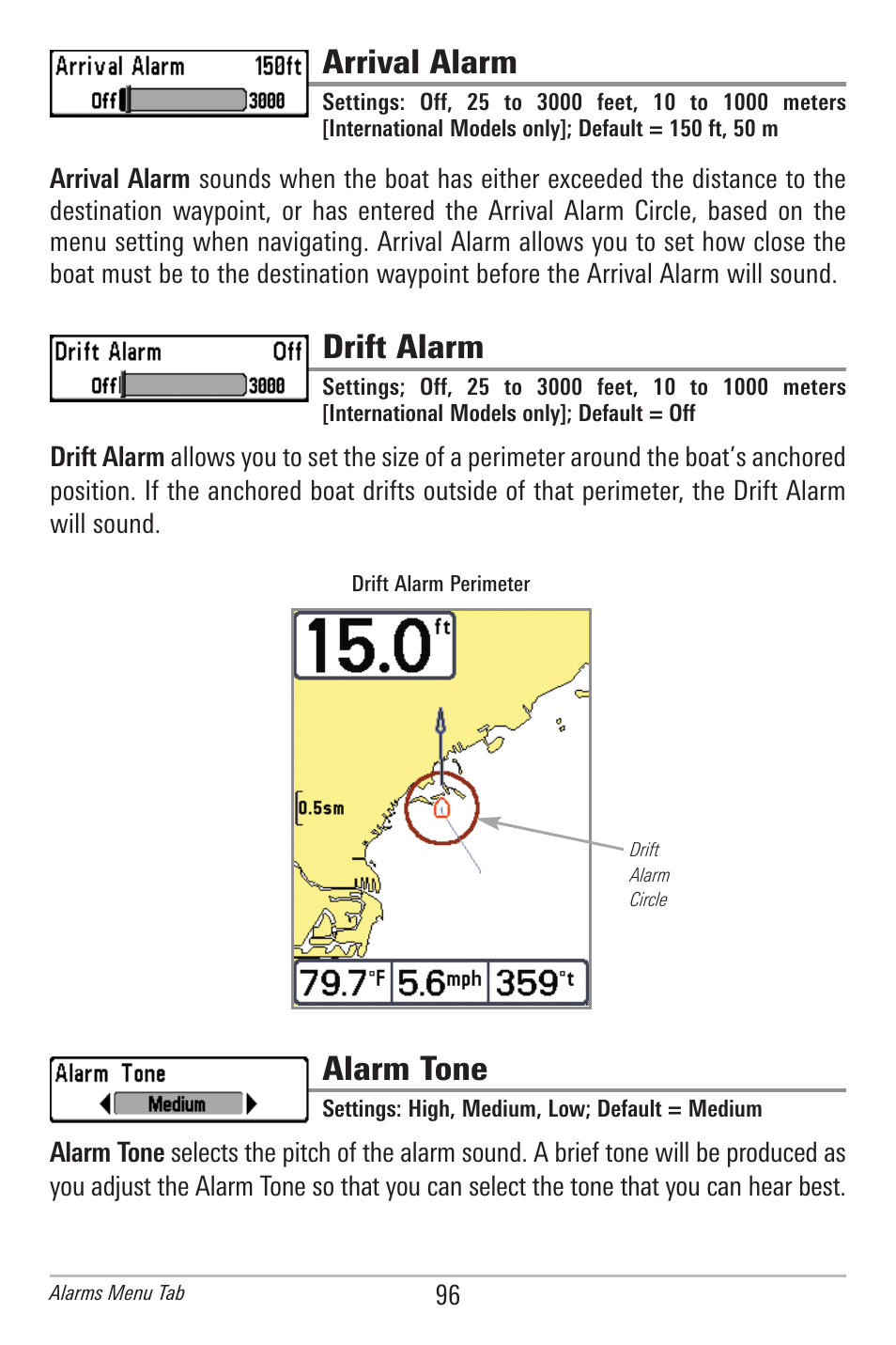 Arrival alarm, Drift alarm, Alarm tone | Humminbird 385ci User Manual | Page 108 / 158