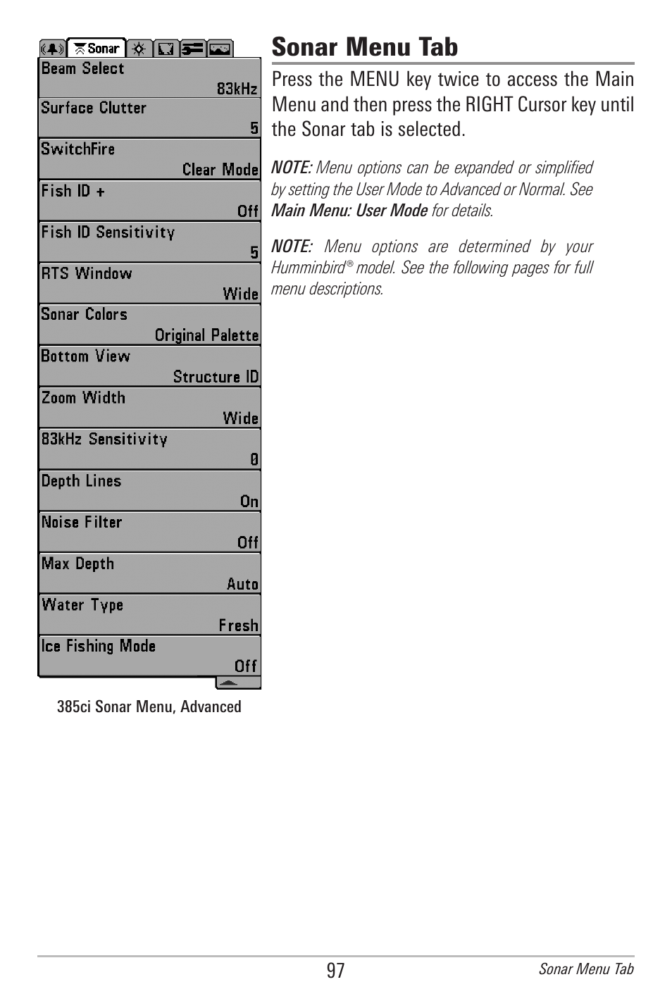 Sonar menu tab | Humminbird 385ci User Manual | Page 109 / 158