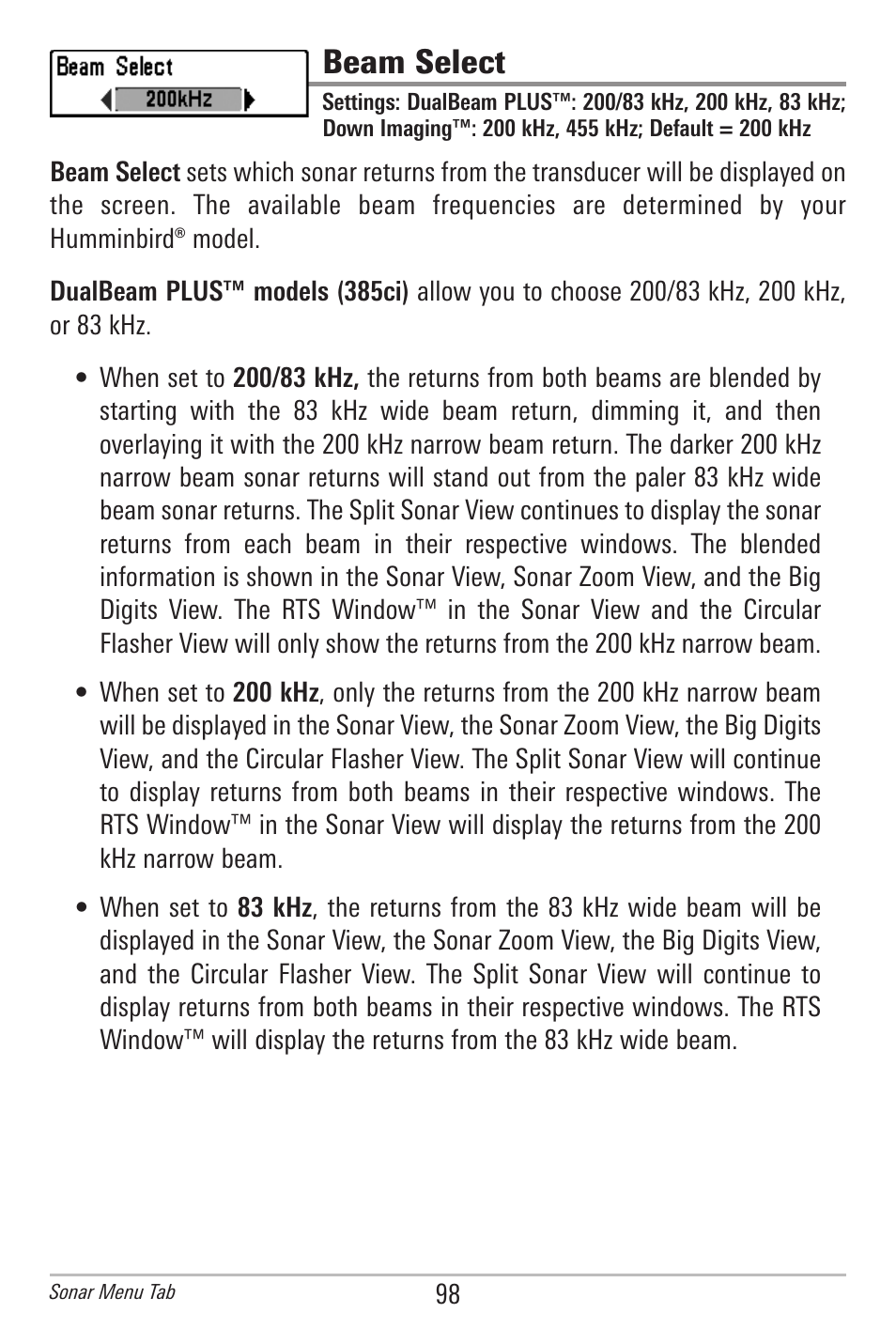 Beam select | Humminbird 385ci User Manual | Page 110 / 158