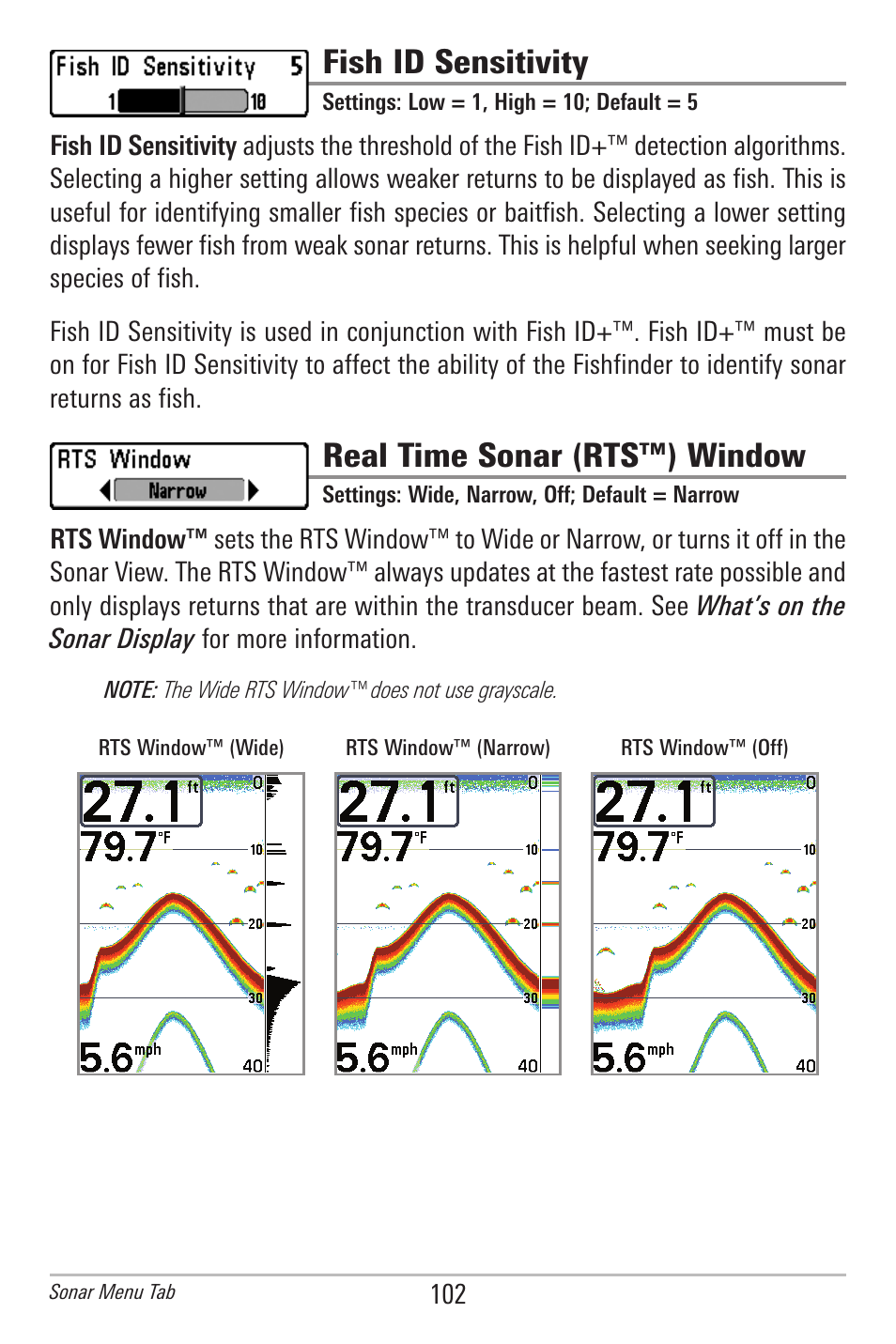 Fish id sensitivity, Real time sonar (rts™) window | Humminbird 385ci User Manual | Page 114 / 158